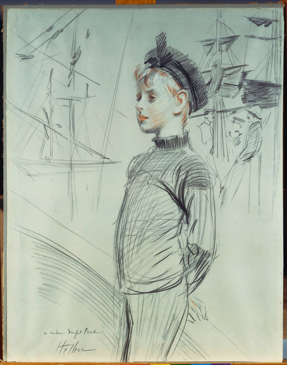 Arka planda gemiler olan, denizci şapkalı ve kaplumbağa boyunlu genç bir çocuğun portresi by Paul Cesar Helleu