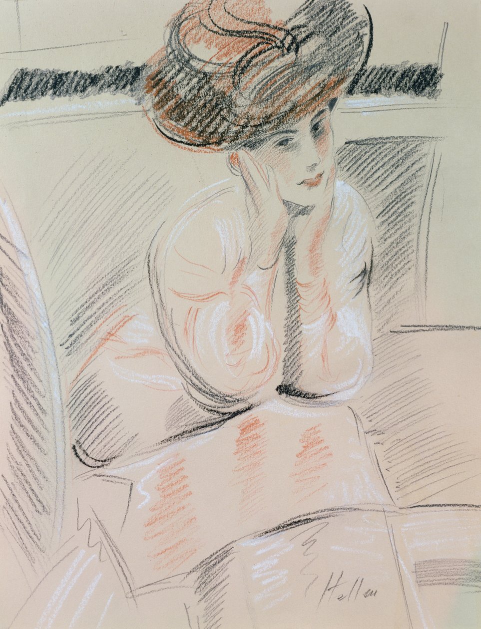 Bir bayan portresi (devetüyü kağıt üzerine siyah, beyaz ve kırmızı tebeşir) by Paul Cesar Helleu
