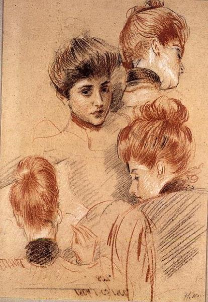 Mme çalışmaları. Helleu ve Mme. Clarighy, c.1892-95 (tebeşir) by Paul Cesar Helleu