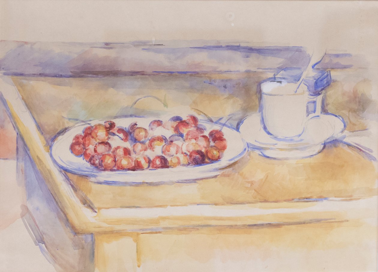 Kiraz fincanı ve tabağı, 1890 dolayları (kağıt üzerine kalem ve kova) by Paul Cézanne