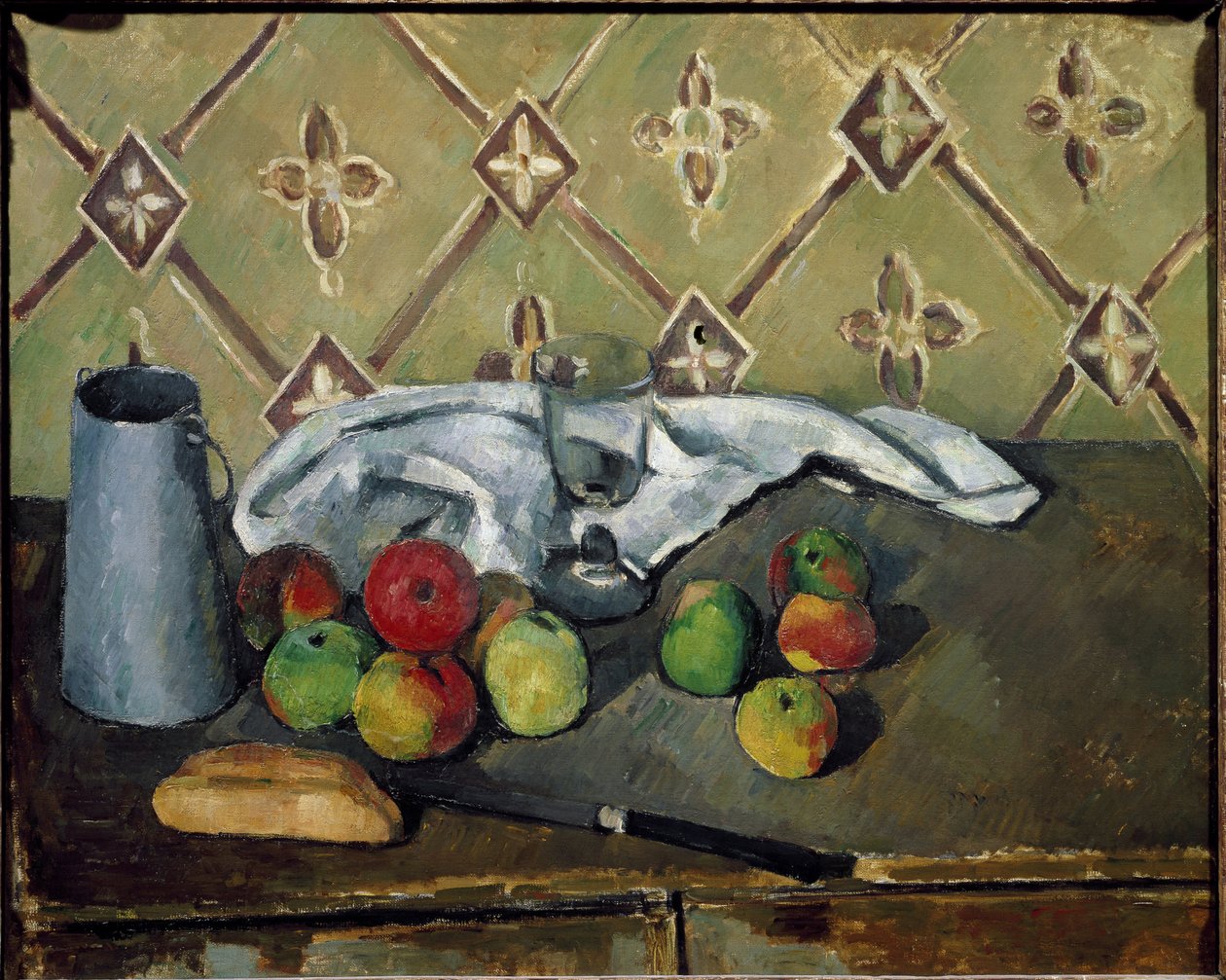 Meyve, peçete ve süt kutusu - Tuval üzerine yağlı boya by Paul Cézanne