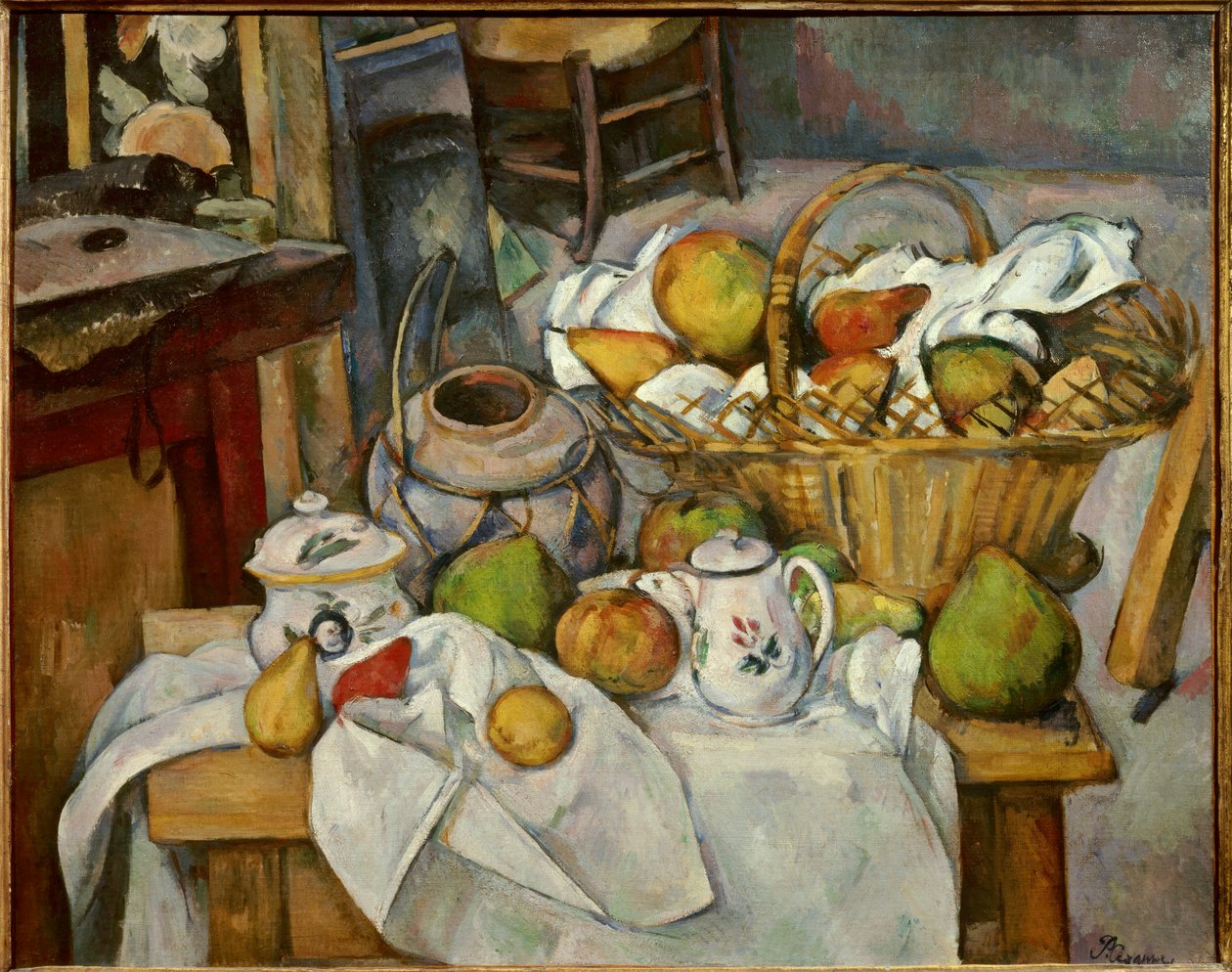 Bir meyve sepetinin Natürmort mutfak masası bir masanın üzerinde poz veriyor. Paul Cezanne (1839-1906) 1888 Güneş tarafından tablo. 0,65x0,81 m Paris, musee d