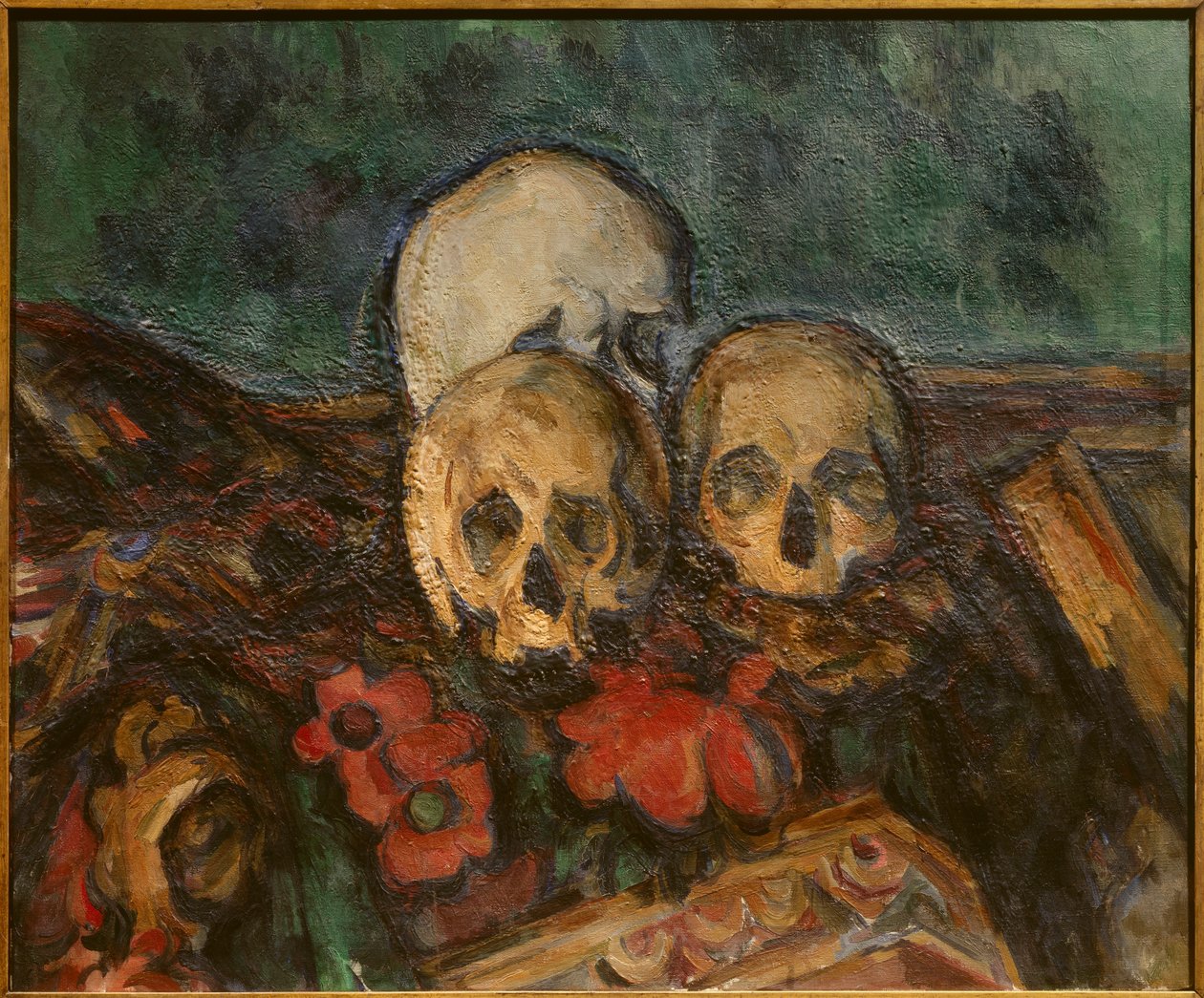 Doğu halısı üzerinde üç deri Tablo Paul Cezanne (1839-1906) 1898 Solothurn. Sanat Müzesi. - Doğu halısı üzerinde üç kafatası. Paul Cezanne
