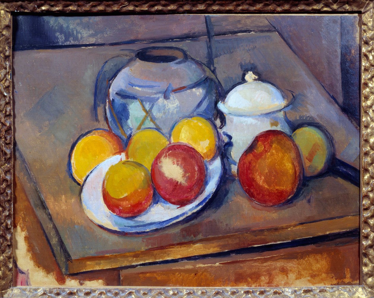 Vazo samanı, şekerlik ve elmalar Boyama Paul Cezanne tarafından by Paul Cézanne