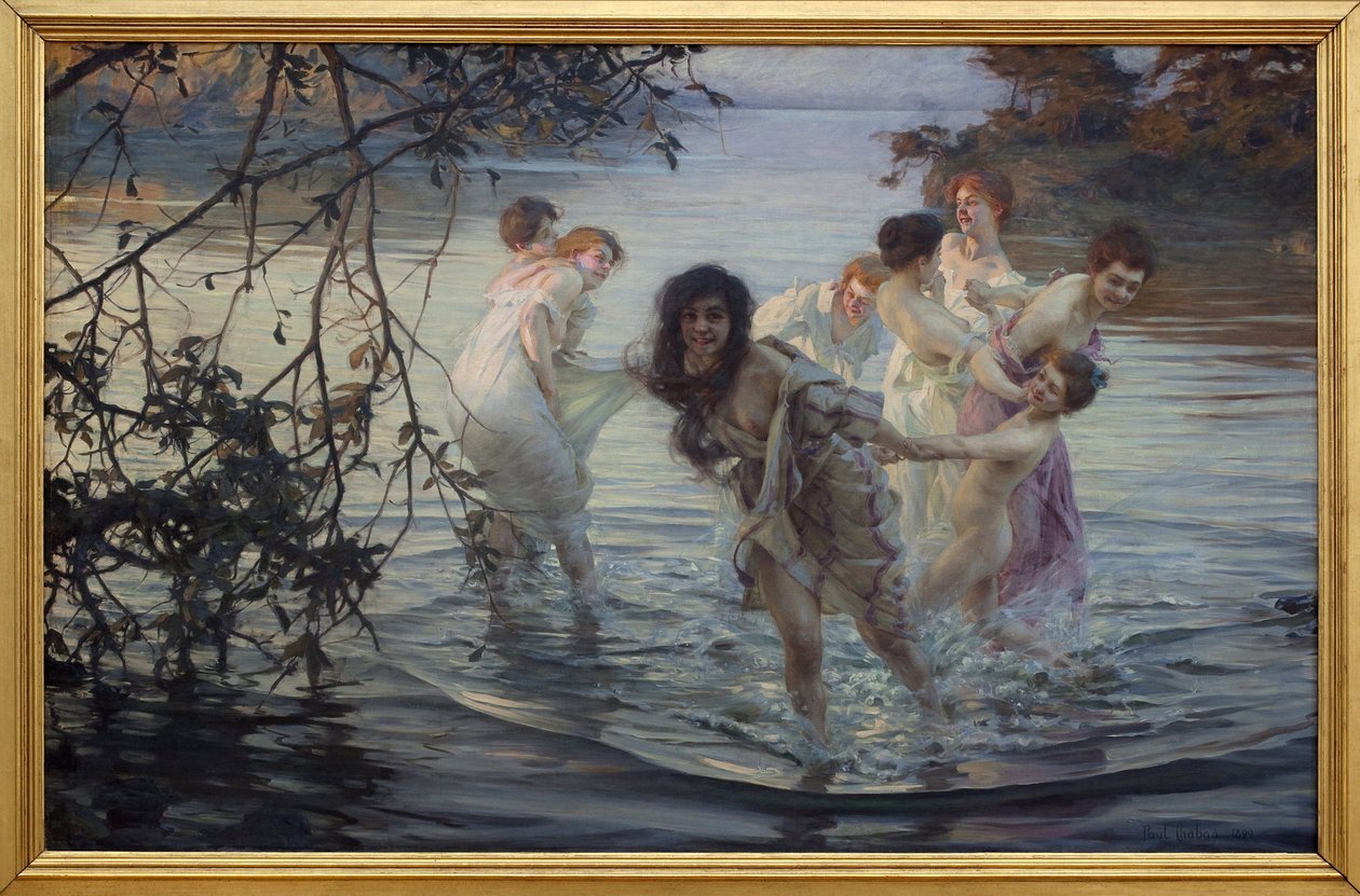 Mutlu ebeler. Genç kadınlar bir nehrin suyunda yüzerken eğleniyor. Paul Emile Chabas (1869-1937), tuval üzerine yağlı boya, 1899 dolaylarında. Nantes Güzel Sanatlar Müzesi. by Paul Chabas
