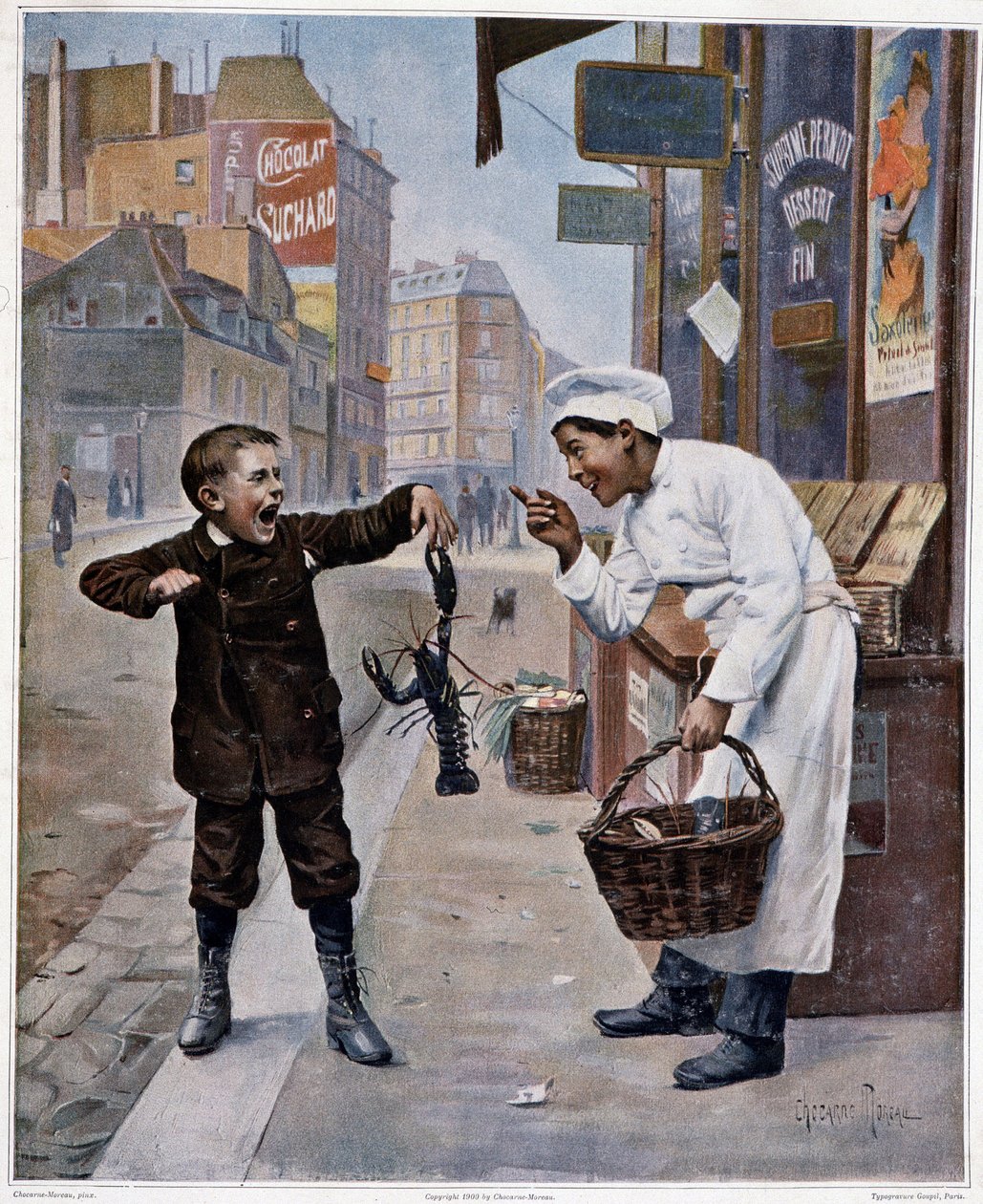 Istakoz tarafından sıkıştırılan bir çocukla dalga geçen genç aşçı - çizim Chocarne-Moreau by Paul Charles Chocarne Moreau