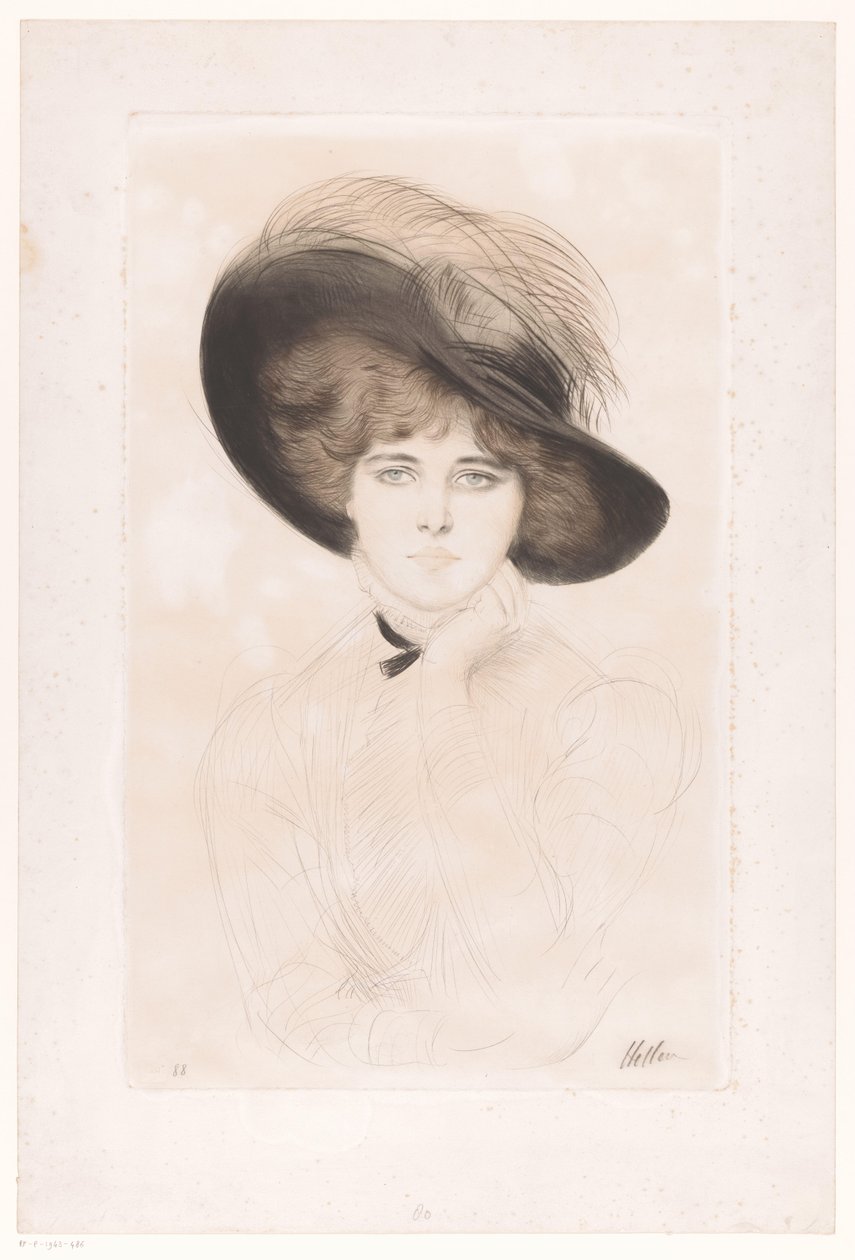 Şapkalı bilinmeyen bir kadının portresi by Paul César Helleu (signed by artist)