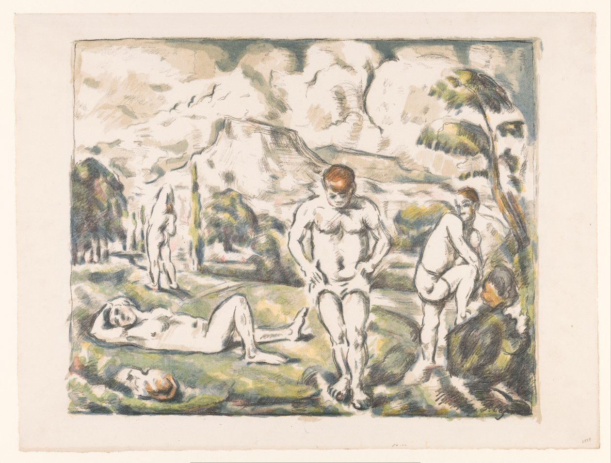 Tepelik bir manzarada yıkanan erkekler Les Grands Baigneurs Baigneurs ve repolar by Paul Cézanne