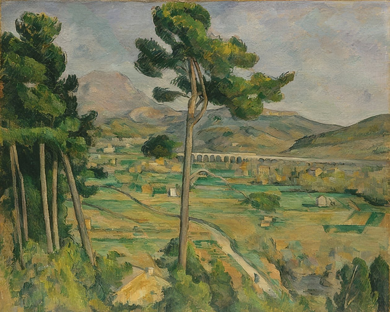 Mont Sainte-Victoire ve Arc nehri vadisinin viyadüğü. 1882-85 by Paul Cézanne