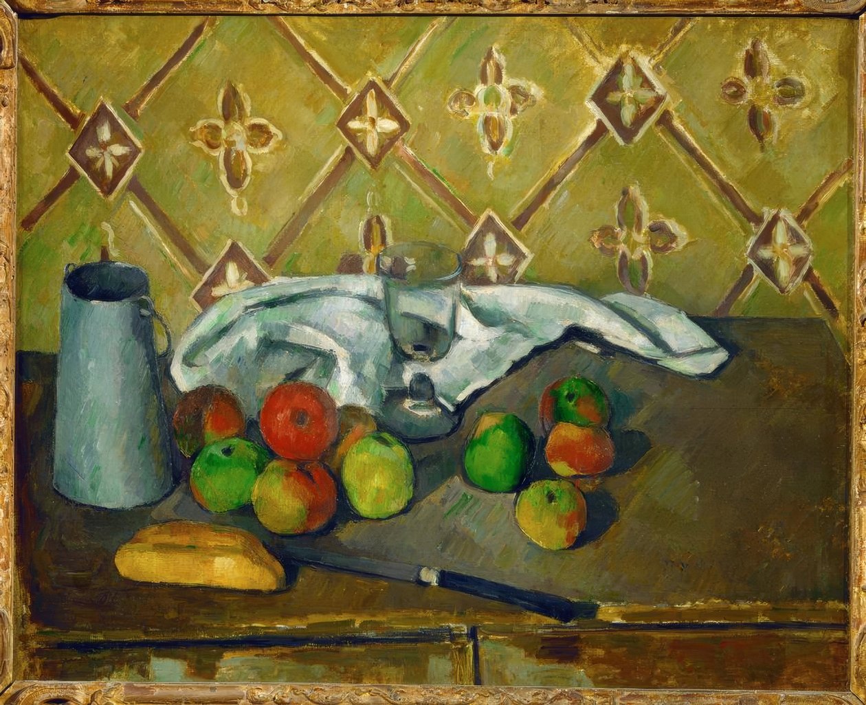 Natürmort (Meyve, peçete ve sütlü içecek) by Paul Cézanne