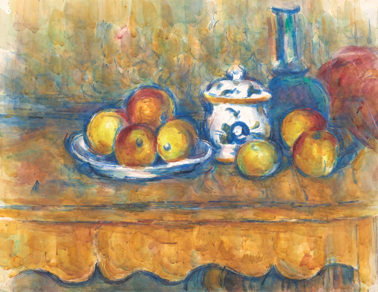 Mavi şişe, şekerlik ve elma ile natürmort, 1900-1902. by Paul Cézanne