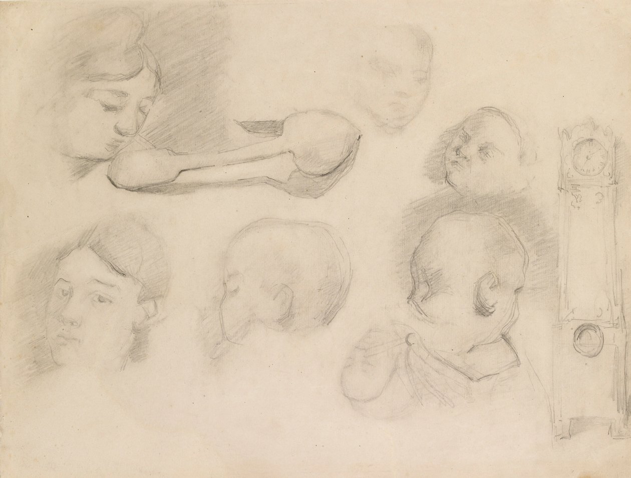 Bir Çocuğun Başı, Bir Kadının Başı, Bir Kaşık ve Bir Uzun Çanta Saati Çalışmaları, c1872 by Paul Cézanne