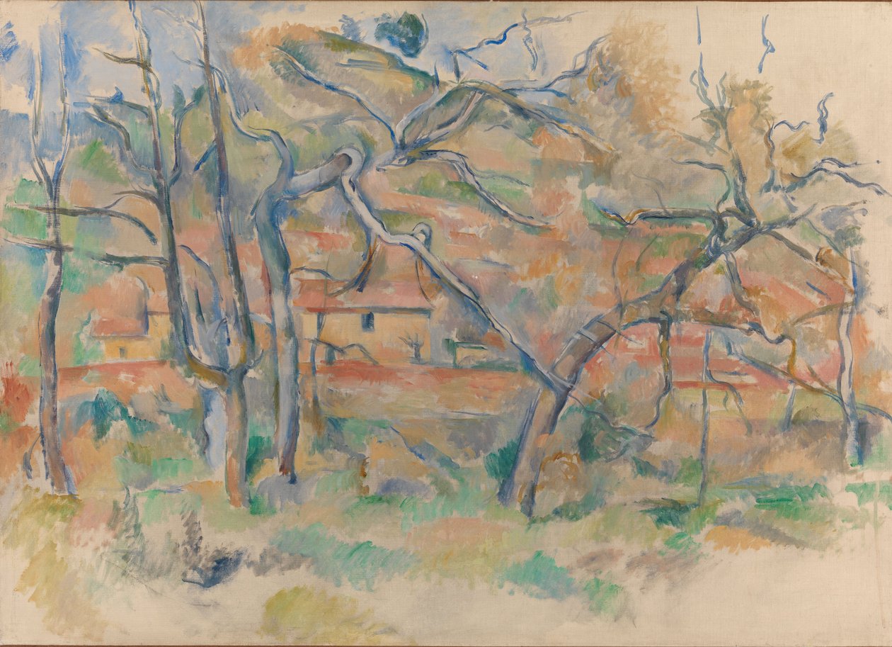 Ağaçlar ve Evler, Provence, c.1885 (tuval üzerine yağlı boya) by Paul Cézanne