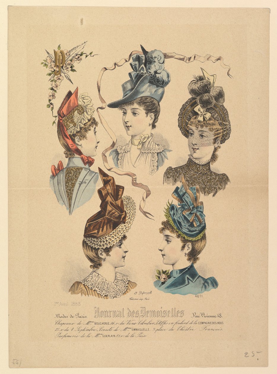 Bayan Şapkaları, No. 4671, Journal des Demoiselles, 1 Nisan 1888. by Paul Deferneville