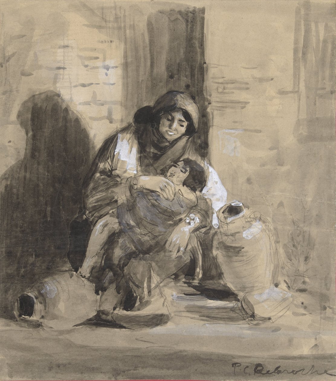 Gazze'den oturan Yahudi kadın, çocuğu ve iki büyük testisiyle by Paul Delaroche