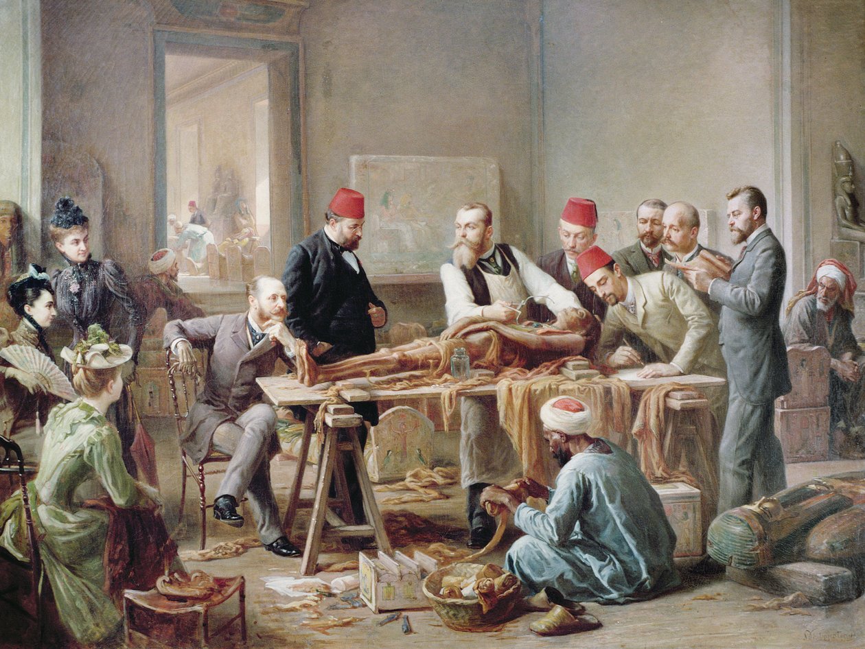 Bir mumyanın incelenmesi - Amun Rahibesi, 1891 dolayları (tuval üzerine yağlı boya) by Paul Dominique Philippoteaux