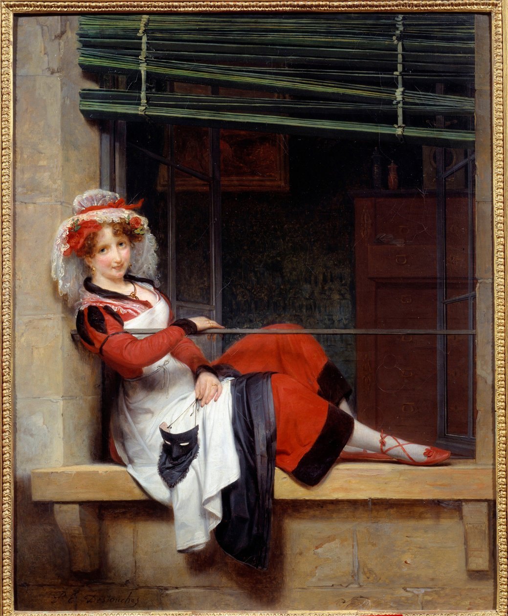 Balo için bekleyen maskeler Pencerenin kenarında oturan genç bir kadın. Paul Emile Destouches (1794-1874) tarafından yapılan boyama 19. yüzyıl Nantes musee des Beaux Arts by Paul Emile Detouche