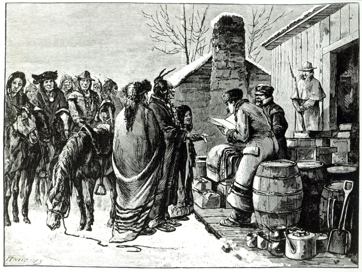 Hükümet ajanlarından erzak alan rezervasyon Kızılderilileri (gravür) by Paul Frenzeny