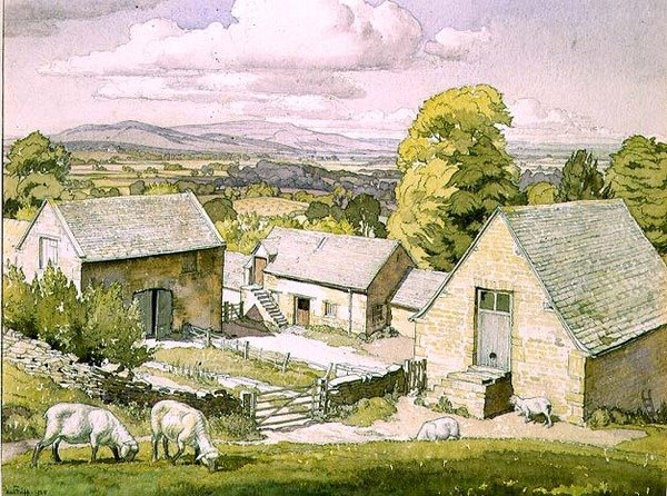 Bir Cotswold Çiftliği. 1928 (kağıt üzerine sulu boya) by Paul Fripp
