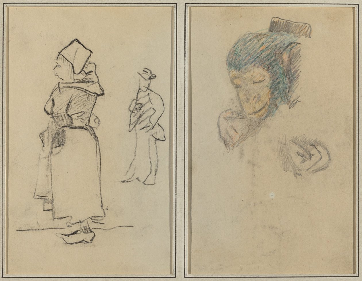 Bir Breton Kadın ve Bir Daimi Erkek; Maymun Başı ve Eli [rekto] by Paul Gauguin
