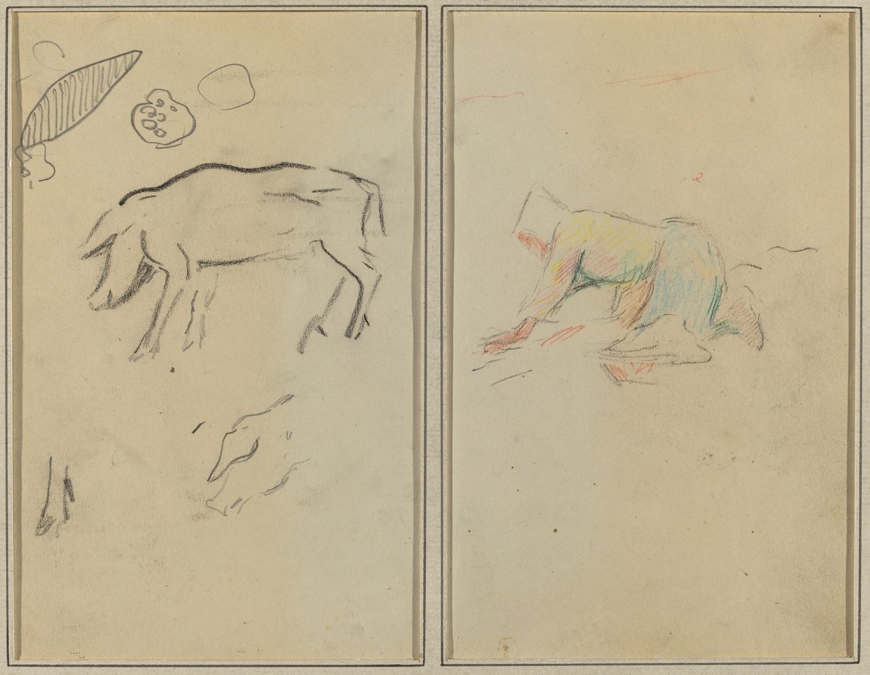 Bir domuz; Breton Köylü Diz çökmüş [verso] by Paul Gauguin