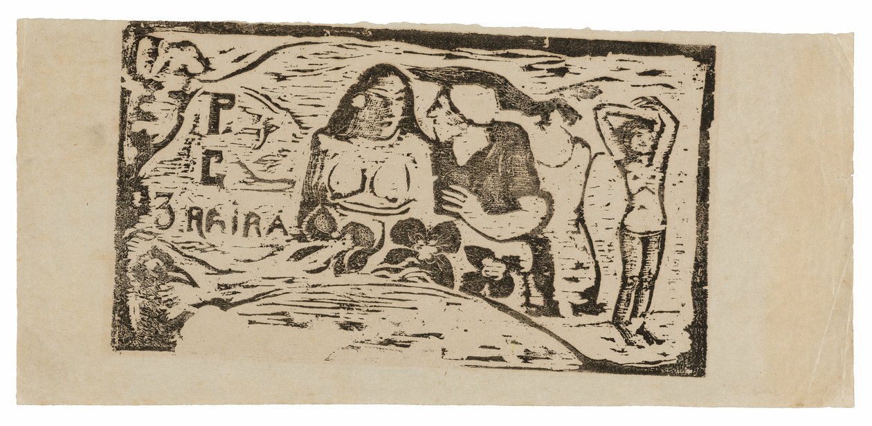 Çıplak Kadın Büstü ve Profilde Beyaz Başlıklı Üç Çeyrek Erkek Figürü, En Sağda Üçüncü Küçük Figür, Le sourire için başlık by Paul Gauguin