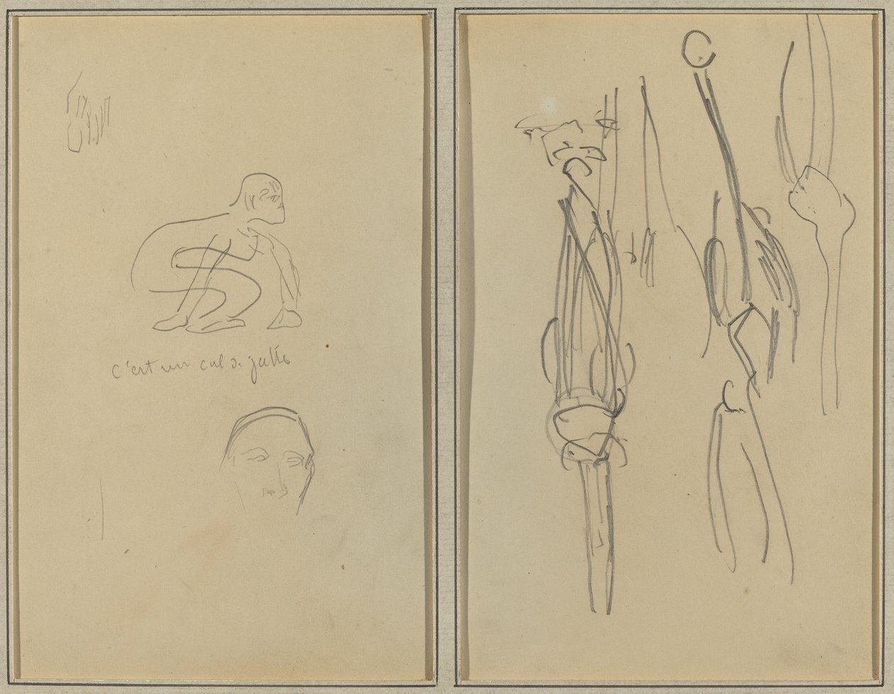 Çömelmiş Maymun ve Adamın Başı; Kemikler ve Kaslar [verso] by Paul Gauguin