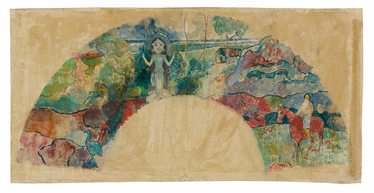 Peyzaj ve Tanrıça Hina Heykeli İçeren Bir Fan İçin Tasarım by Paul Gauguin