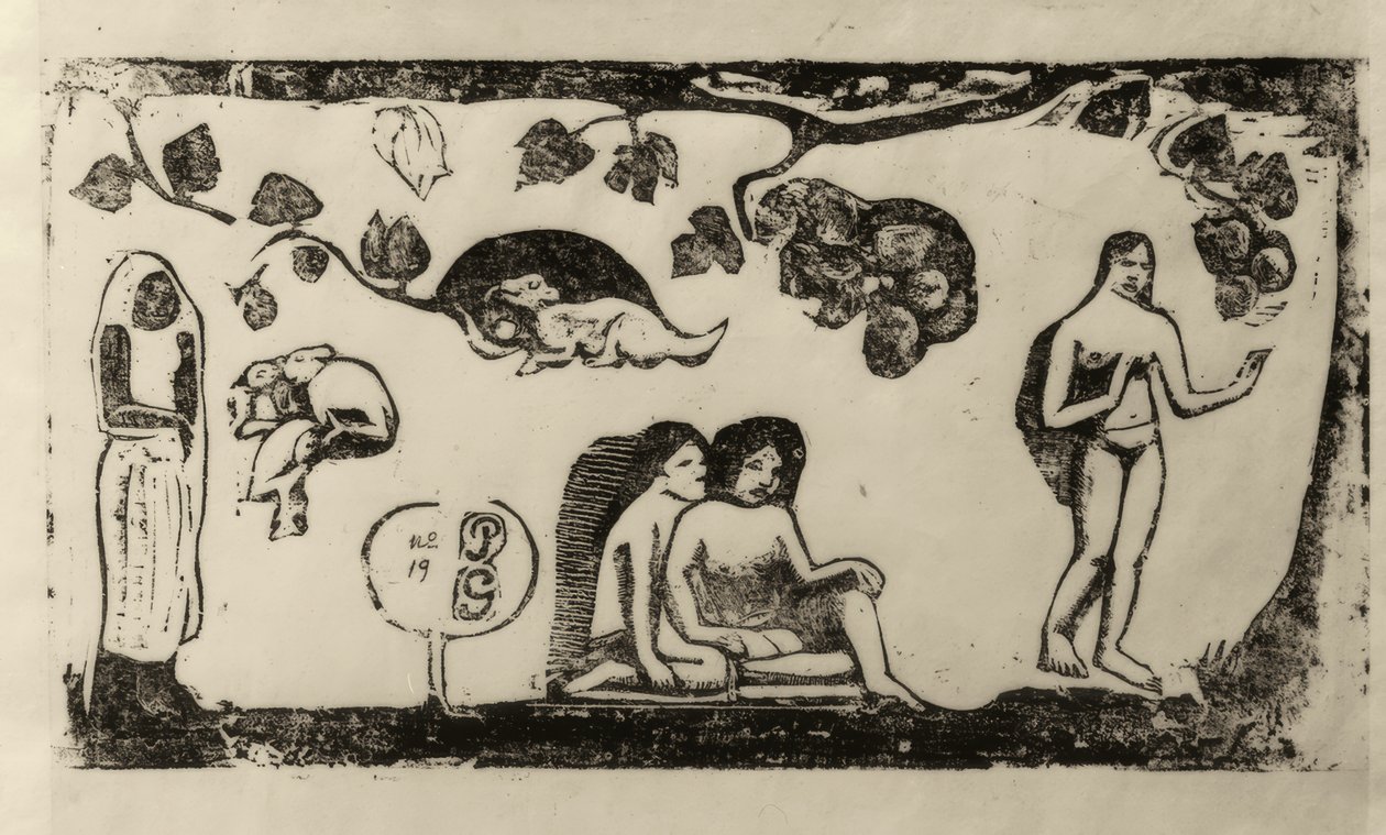Kadınlar, hayvanlar ve yapraklar by Paul Gauguin