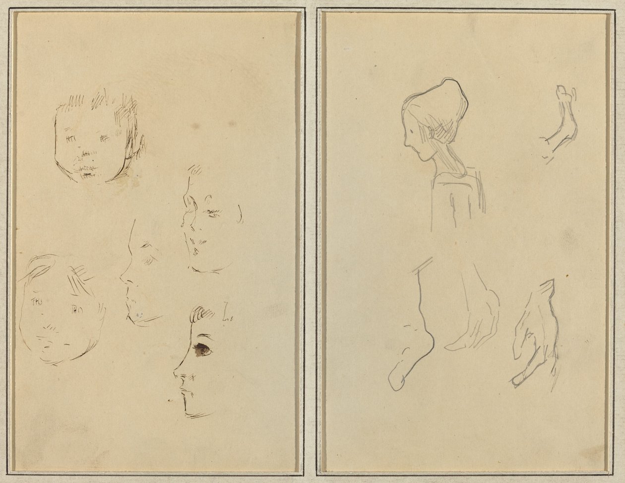 Beş Kafa Çalışması; El ve Ayak Çalışmaları Olan Profildeki Bir Çocuk [verso] by Paul Gauguin