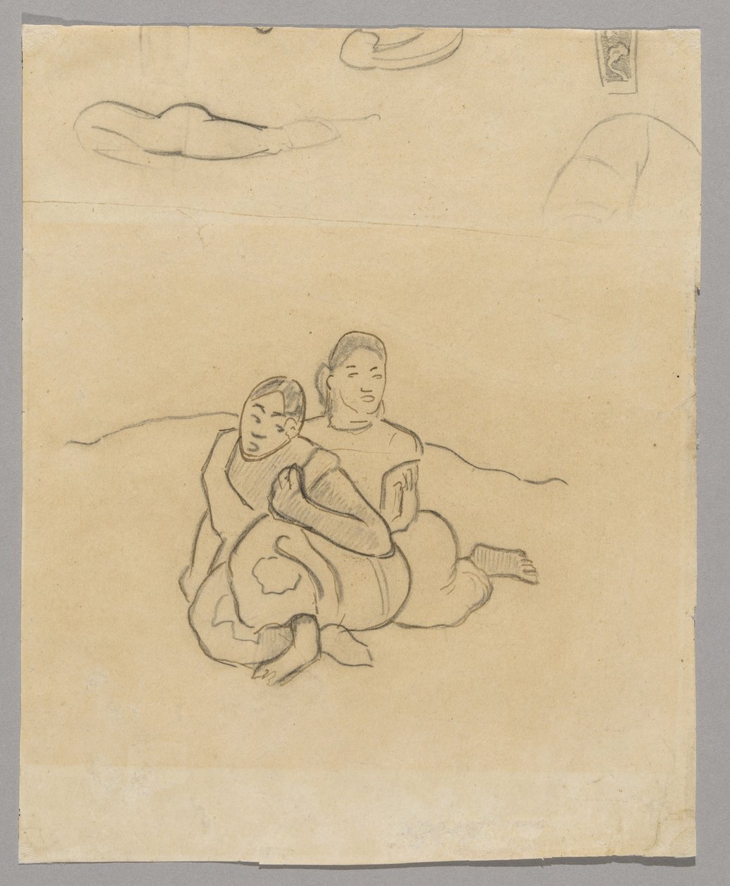 Nafea Faaipoipo ile ilgili bir manzarada vücut parçaları, dekoratif bir tasarım ve iki çömelmiş Tahiti kadını by Paul Gauguin