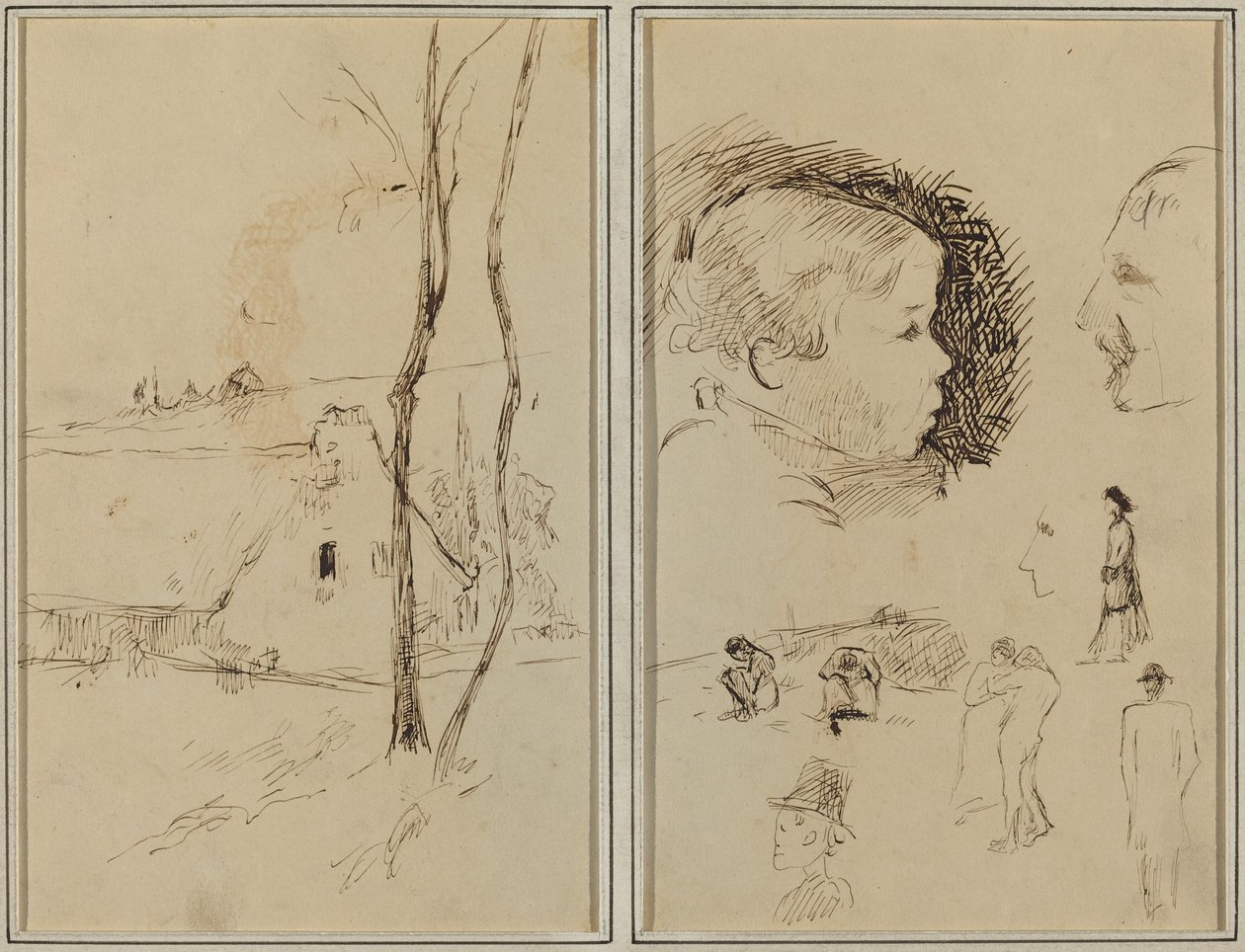 Bir Kulübe ile Peyzaj; Erkek Profili, Erkek Profili, Bir Manzarada İki Kadın ve Diğer Beş Çalışma [verso] by Paul Gauguin