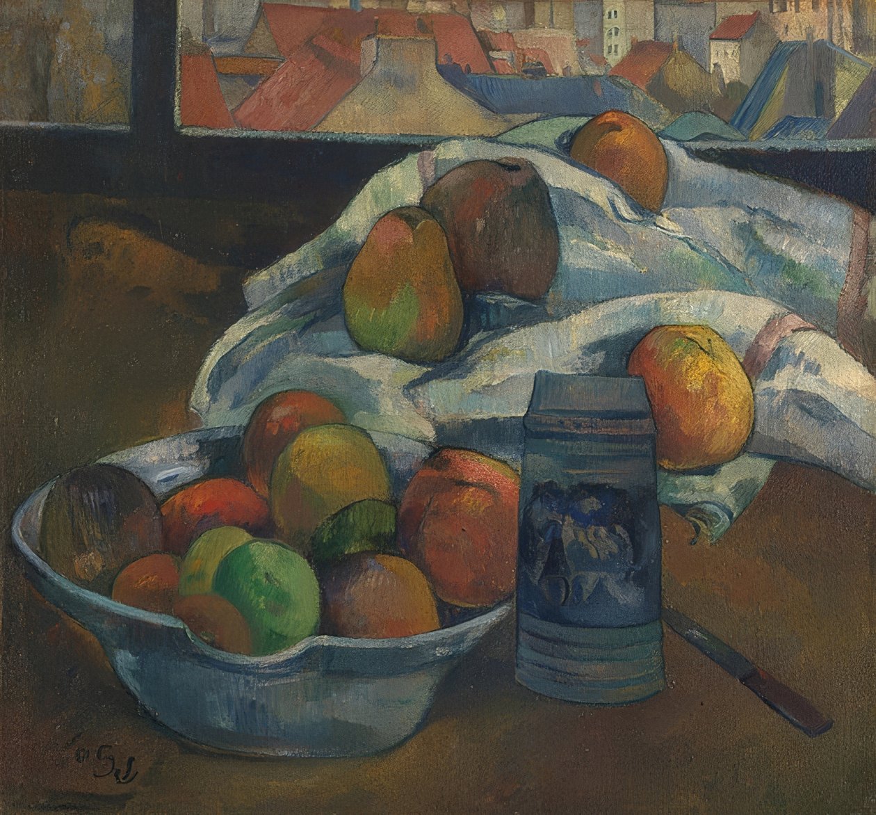 Pencerenin önünde meyve tabağı ve sürahi. Muhtemelen 1890 by Paul Gauguin