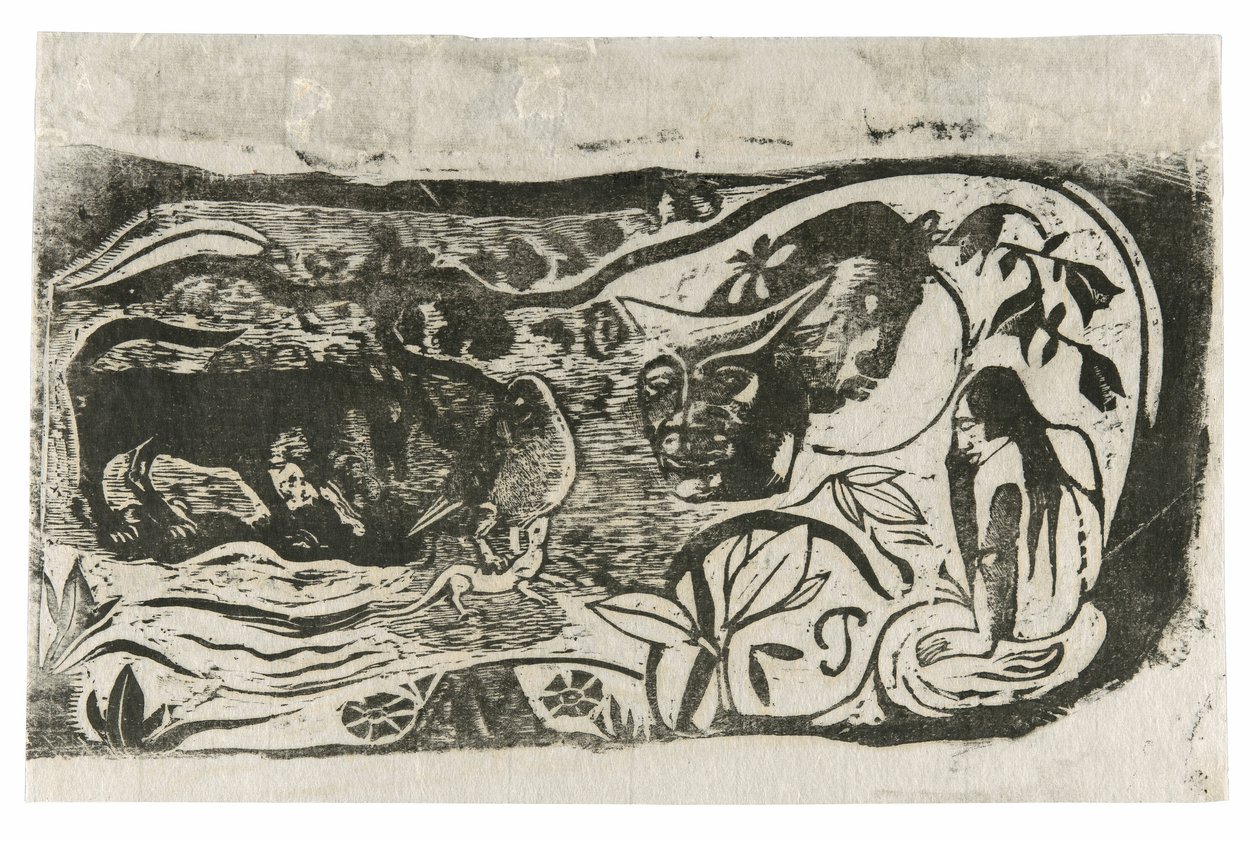 Geç Ahşap Blok Baskılar Süitinden Boynuzlu Şeytan Başlı Plaka by Paul Gauguin