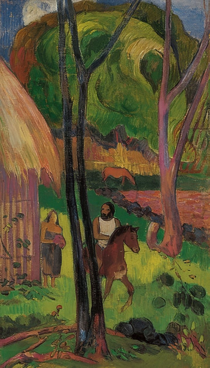 Kulübenin önündeki atlılar (Cavalier devant la case). 1902 by Paul Gauguin