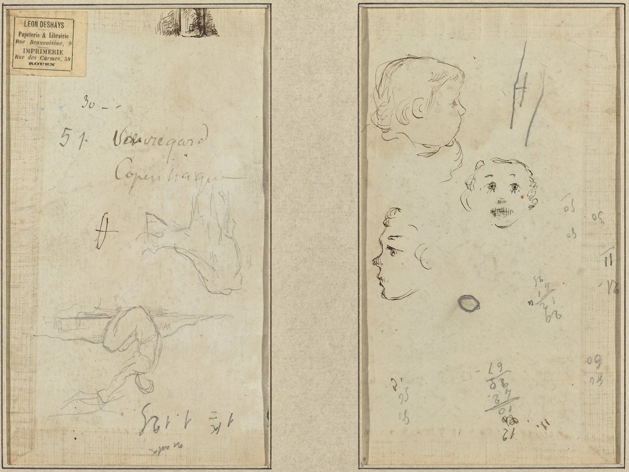 Oturan Figür ve İnek; Bir Çocuğun Kafasının Üç Çalışması by Paul Gauguin
