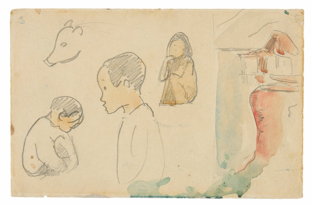 Su Kenarında Çömelmiş ve Ayakta Duran Figürler, Bir Domuz ve Bir Kulübenin Eskizleri by Paul Gauguin