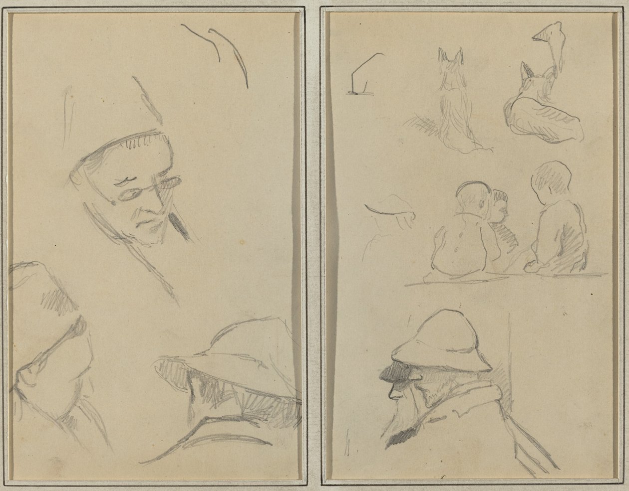 Biri Gözlüklü Erkek Kafaları Üzerine Üç Çalışma; Profilde Köpekler, Çocuklar ve İki Sakallı Adam [verso] by Paul Gauguin