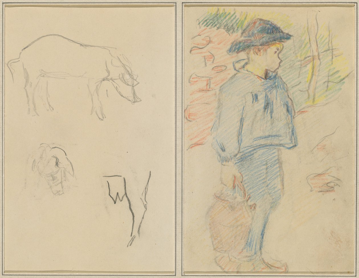 Bir Domuzun Üç Çalışması; Bir Sürahi ile Yürüyen Breton Boy [rekto] by Paul Gauguin