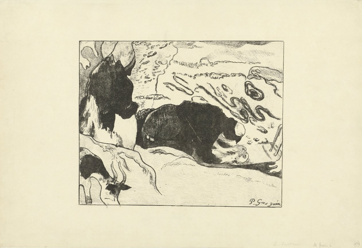 İki çamaşırcı kadın su Les Lavandières yakınında çamaşır yıkıyor by Paul Gauguin