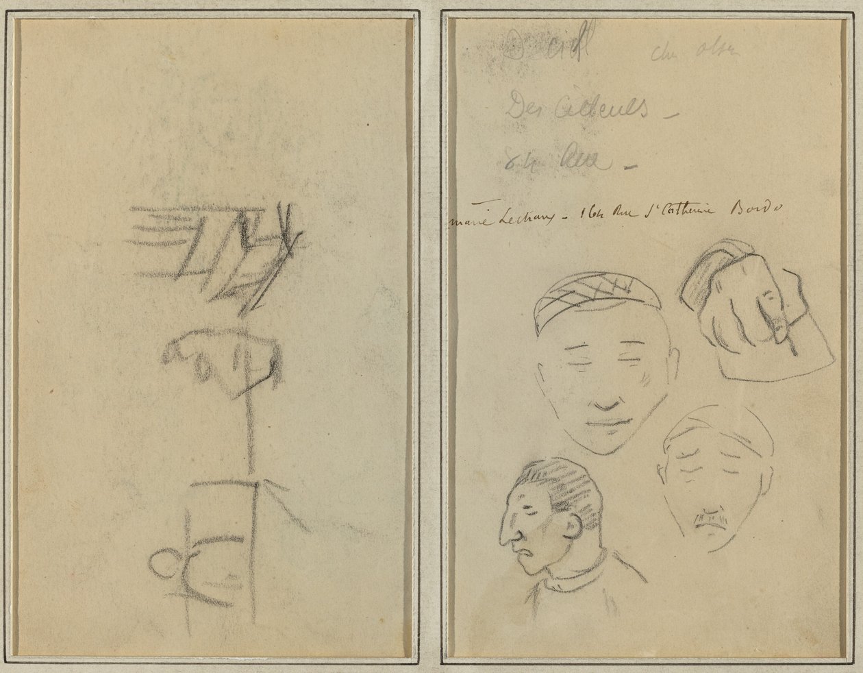 İki Figür ve Bir Bank; Erkeklerin Kafaları ve Bir Elin Üç Çalışması [rekto] by Paul Gauguin