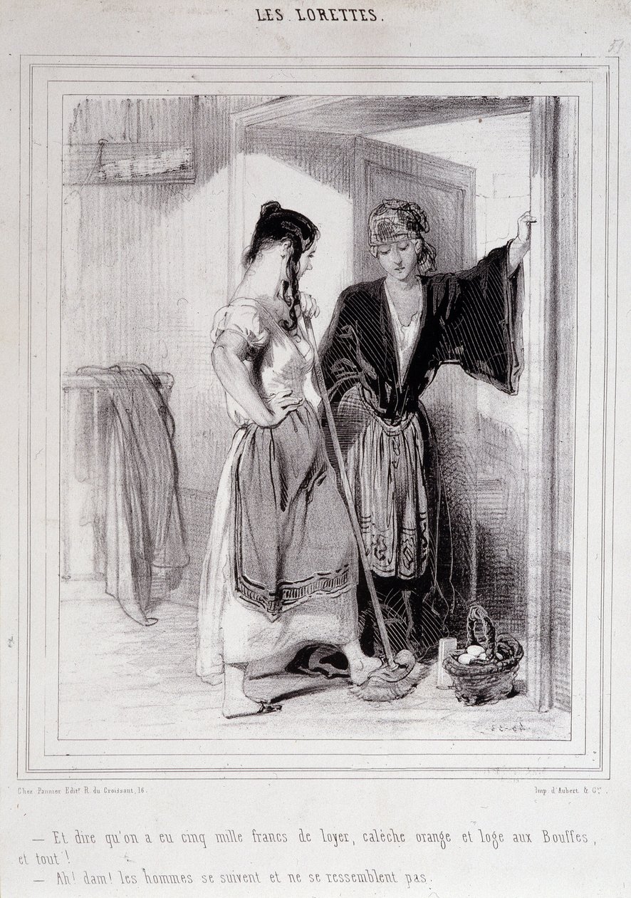 2 zavallı kadın merdivenlerde erkekler hakkında sohbet ederken, “Les Lorettes”, Gavarni, c. 1840. by Paul Gavarni