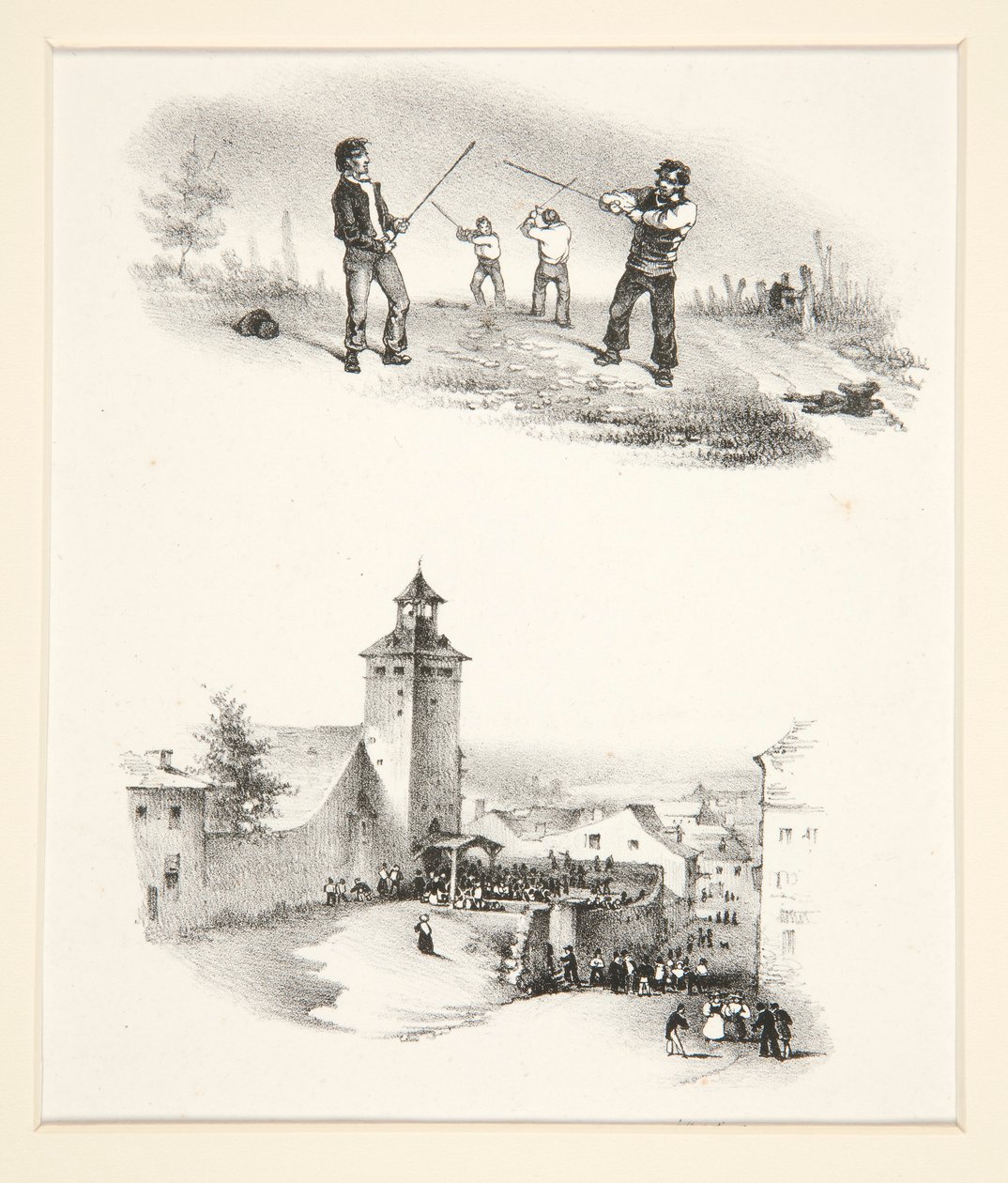İki konu: Çifte düello; Bir kilisenin önünde kalabalık by Paul Gavarni