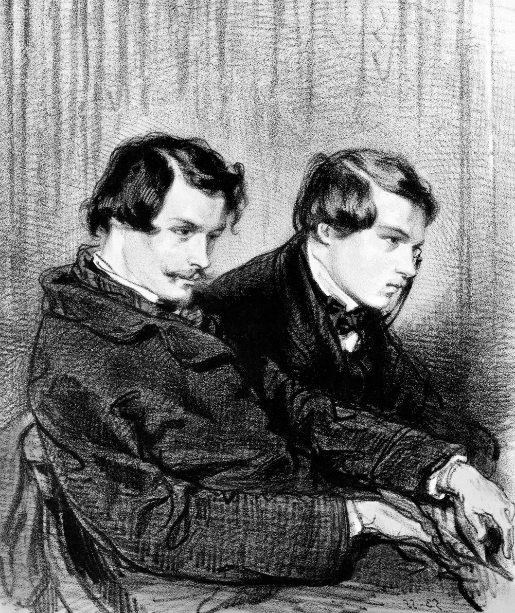 Goncourt kardeşler - Edmond de Goncourt (1822-1886) ve Jules de Goncourt (1830-1870) tiyatroda bir kutuda by Paul Gavarni