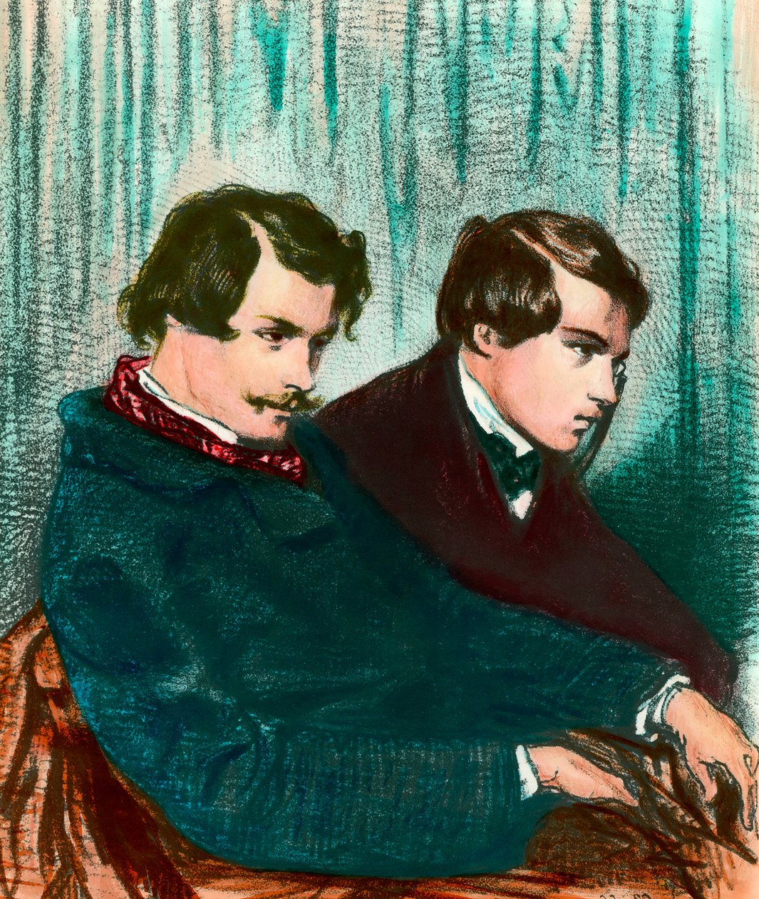 Edmond Goncourt (1822-1896) ve Jules Goncourt (1830-1870) kardeş yazarların portresi. Paul Gavarni