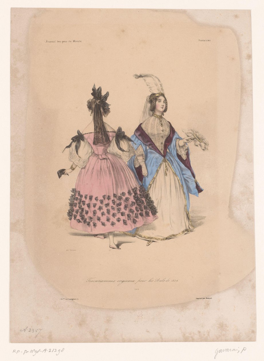 balo elbiseli iki kadın Transvestissemens Originaux pour les Bals de 1834 (nesne üzerindeki başlık) Yaratıcı giysiler (seri başlığı) Fanteziler (nesne üzerinde dizi başlığı) by Paul Gavarni