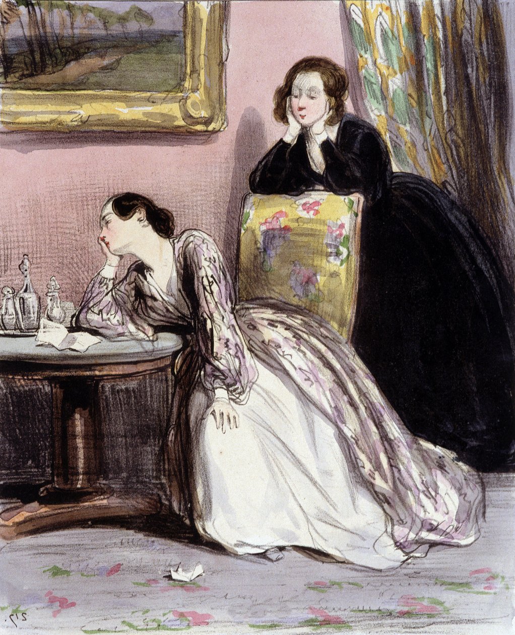 Aşıklar hakkında sohbet eden iki kadın, “Fourreries de femmes”, Gavarni, c. 1840. by Paul Gavarni