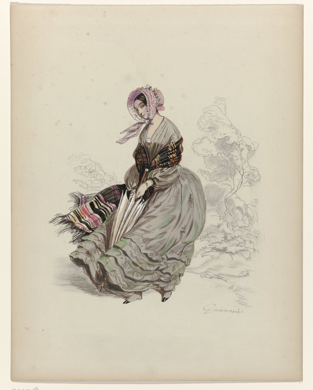 Şemsiyeyle rüzgarda yürüyen kadın, 1840 by Paul Gavarni