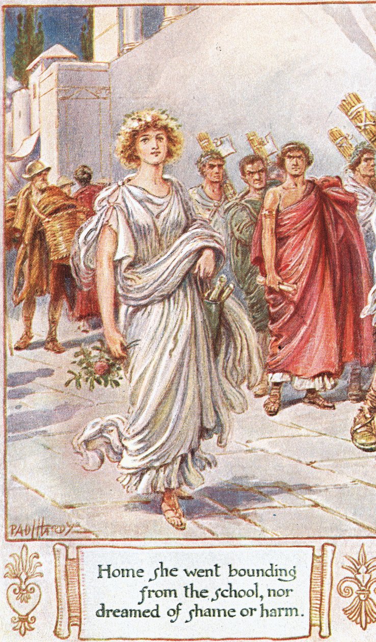 Eve gitti, okuldan kaçtı, ne utanç ne de zarar hayal etti, Thomas Babington Macaulay'ın 'Antik Roma'nın Lays'inden bir illüstrasyon by Paul Hardy