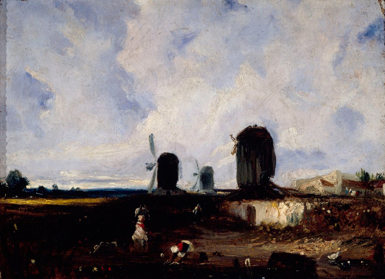 Montrouge ovalarındaki yel değirmenleri, 1820 dolayları (tuval üzerine yağlıboya) by Paul Huet